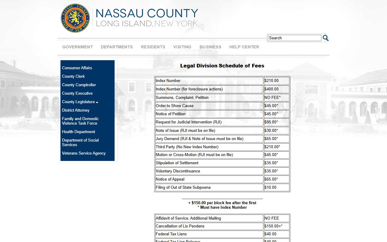 Nassau County Clerk legal fees for court records