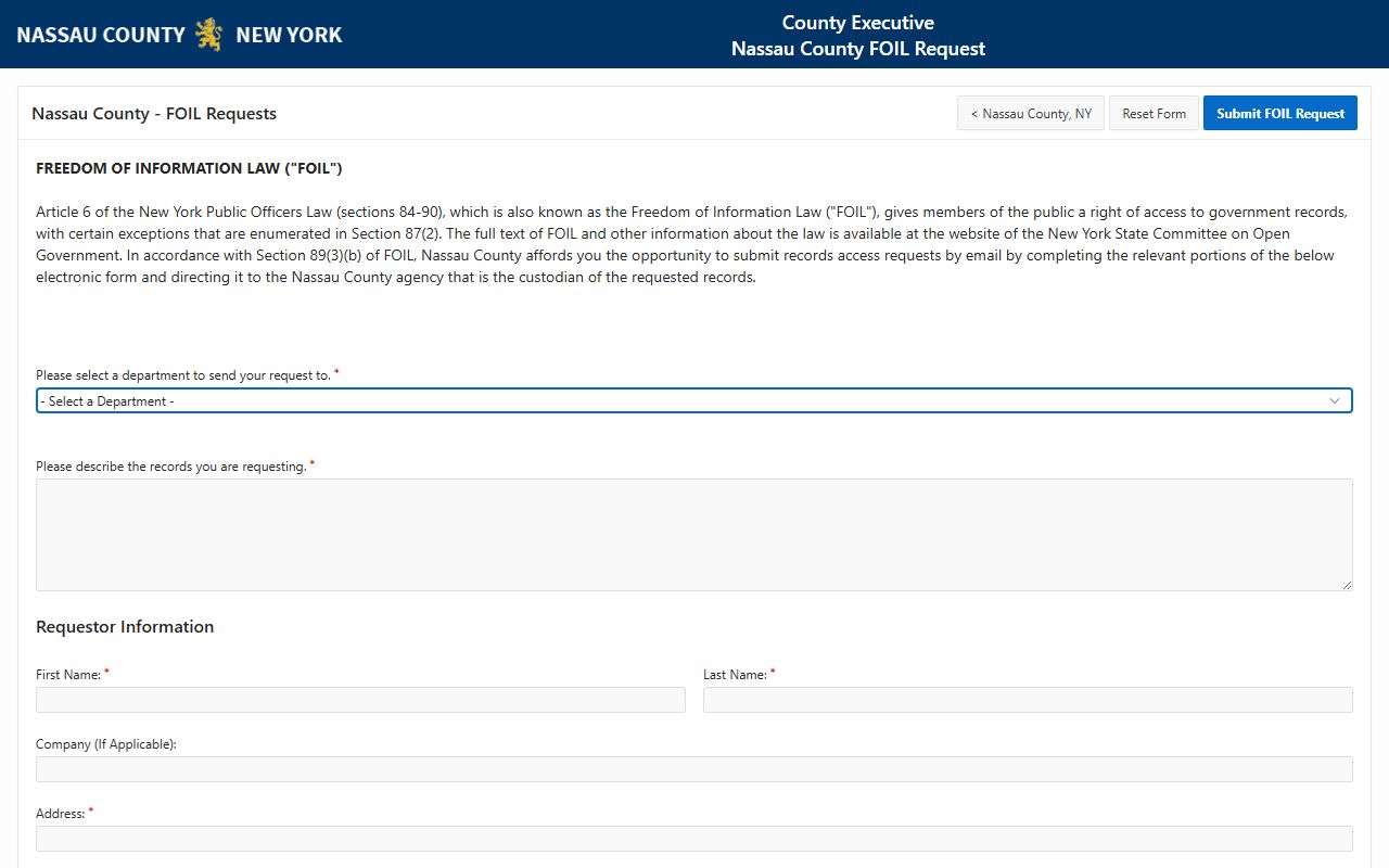 Nassau County public records FOIL request web form