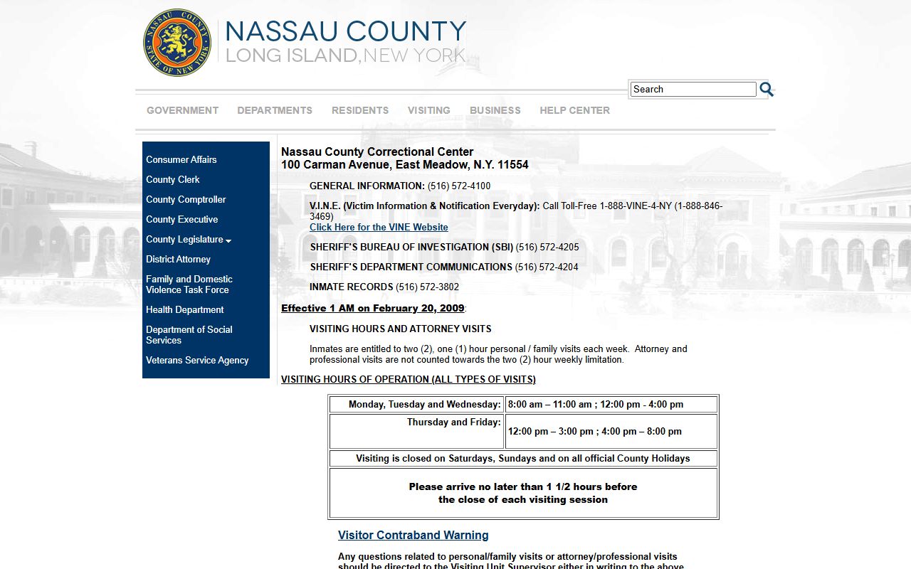 Nassau County inmate records and Correctional Center contact page