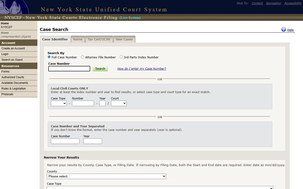 Nassau County court dockets search on the NYSCEF guest case search form