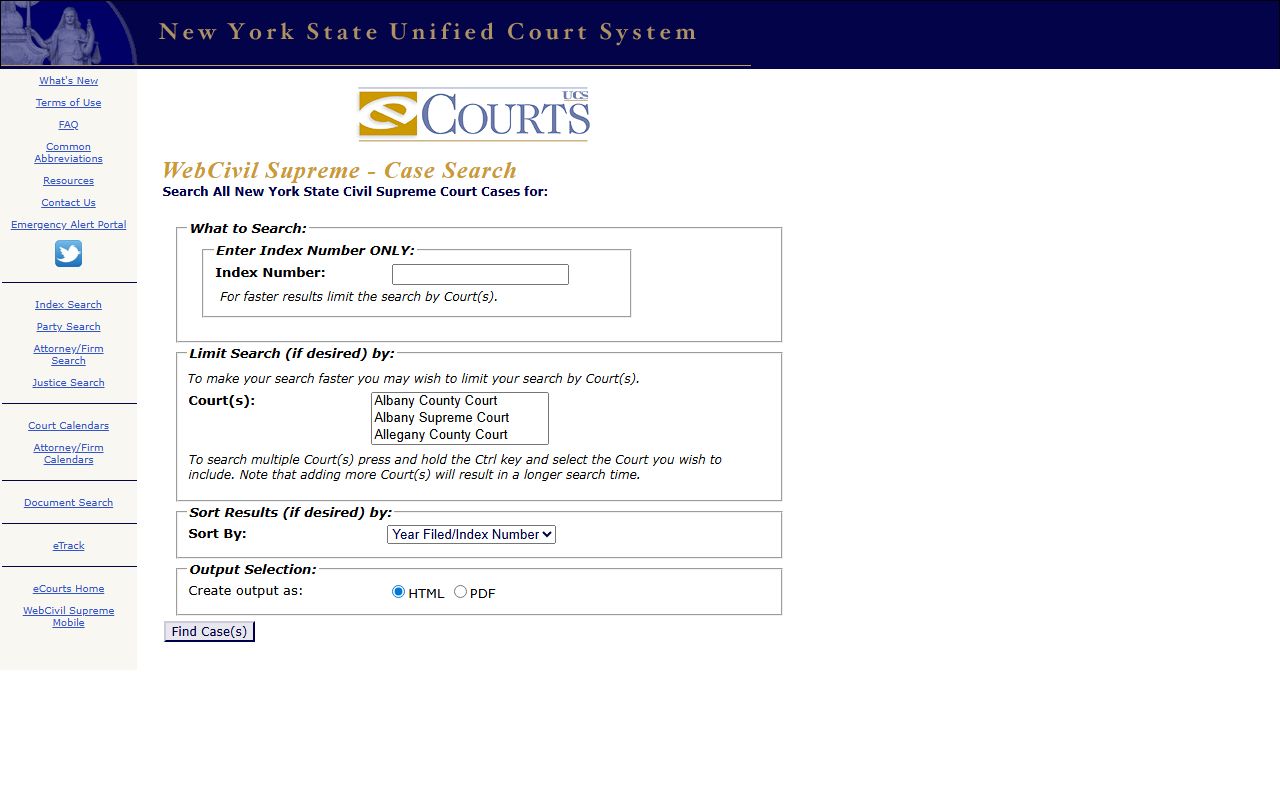 Nassau County court records search form on WebCivil Supreme