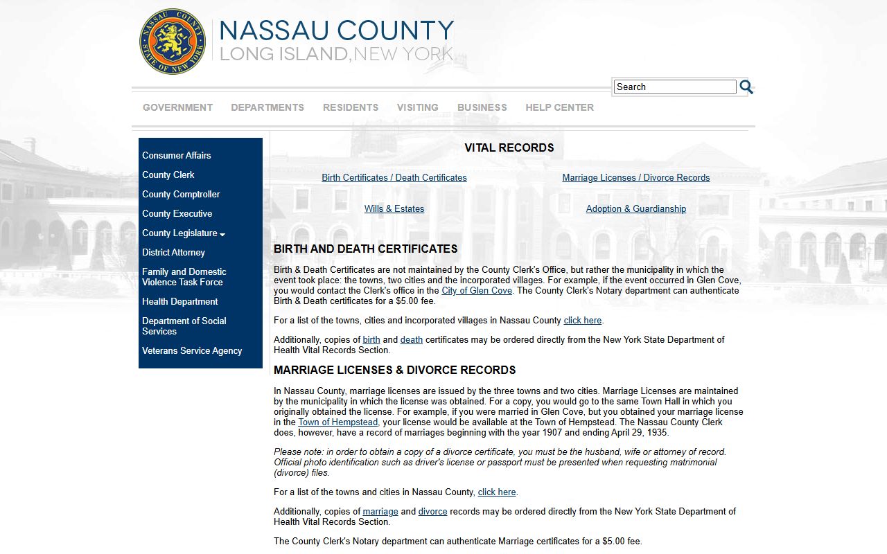 Nassau County marriage and divorce records vital-records page